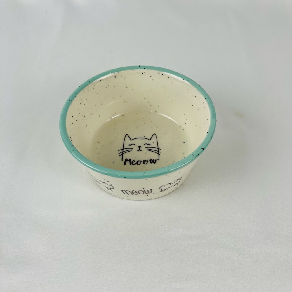 Pacifica Pet Bowl Food Water Cat Kitten “Meow” Cat Exterior Face Interior Cream - Picture 2 of 9